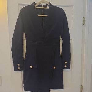 Elegant Navy Blue Dress with Gold Accents